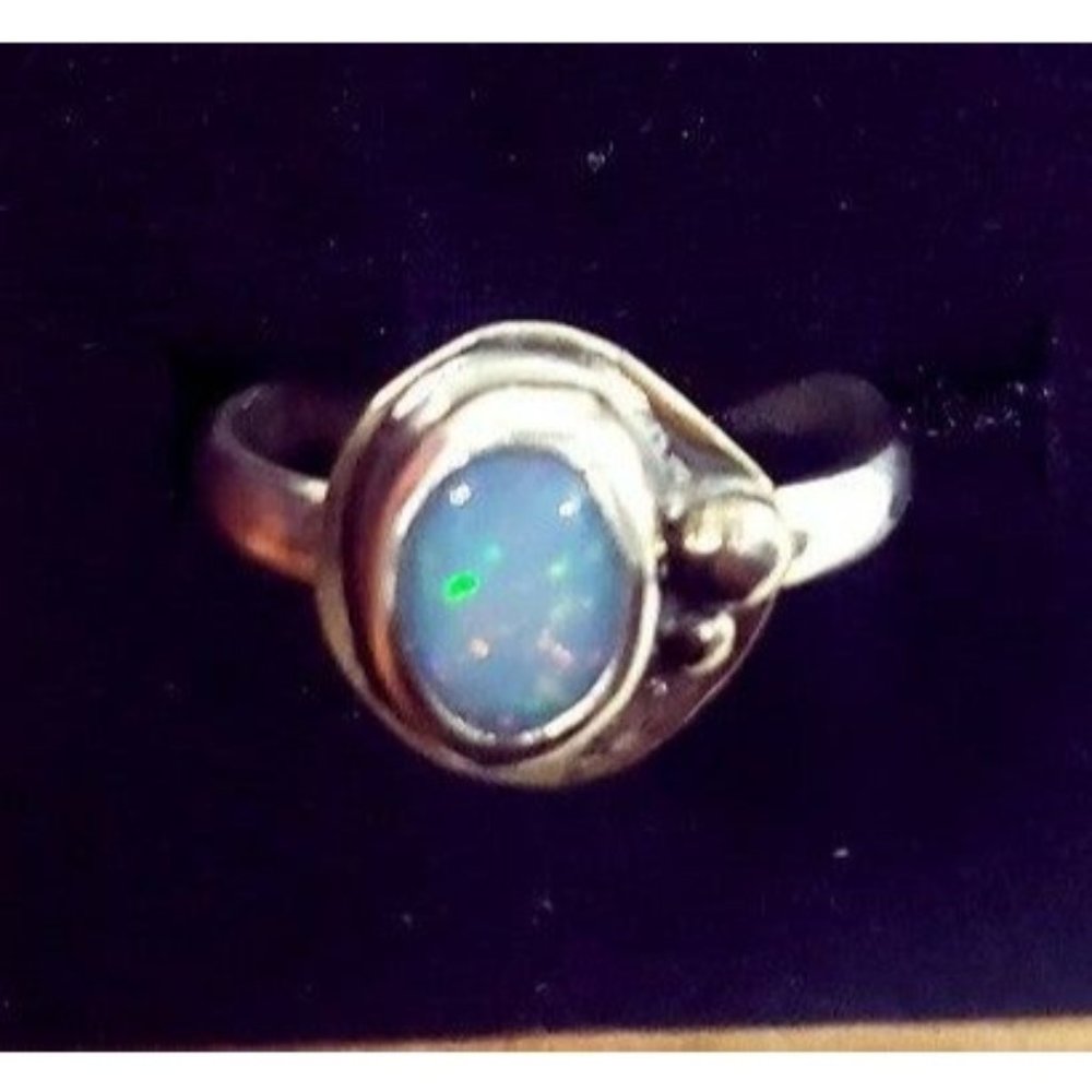 Australian Opal and sterling silver crystal ring handmade rainbow size 5 925